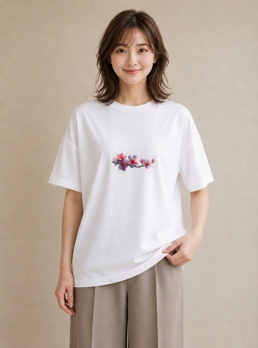 半袖Tシャツ レディース 花 花柄 イラスト 上品 社会人 女性 白T