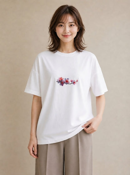 半袖Tシャツ レディース 花 花柄 イラスト 上品 社会人 女性 白T