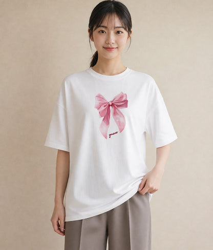 半袖Tシャツ レディース リボン 蝶結び ナチュラル アンティーク イラスト モード ペアコーデ 秋コーデ 白T YMAZO