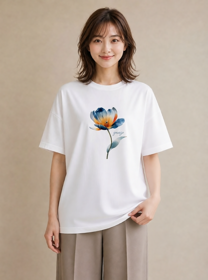 デザインTシャツ レディース ゆり 百合 花 花柄 イラスト アート風 レイヤード 友達ギフト 白T