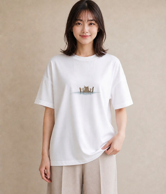 グラフィックTシャツ レディース 桟橋 水辺 波止場 ナチュラル アンティーク イラスト 韓国風 お出かけ 普段着 白T YMAZO