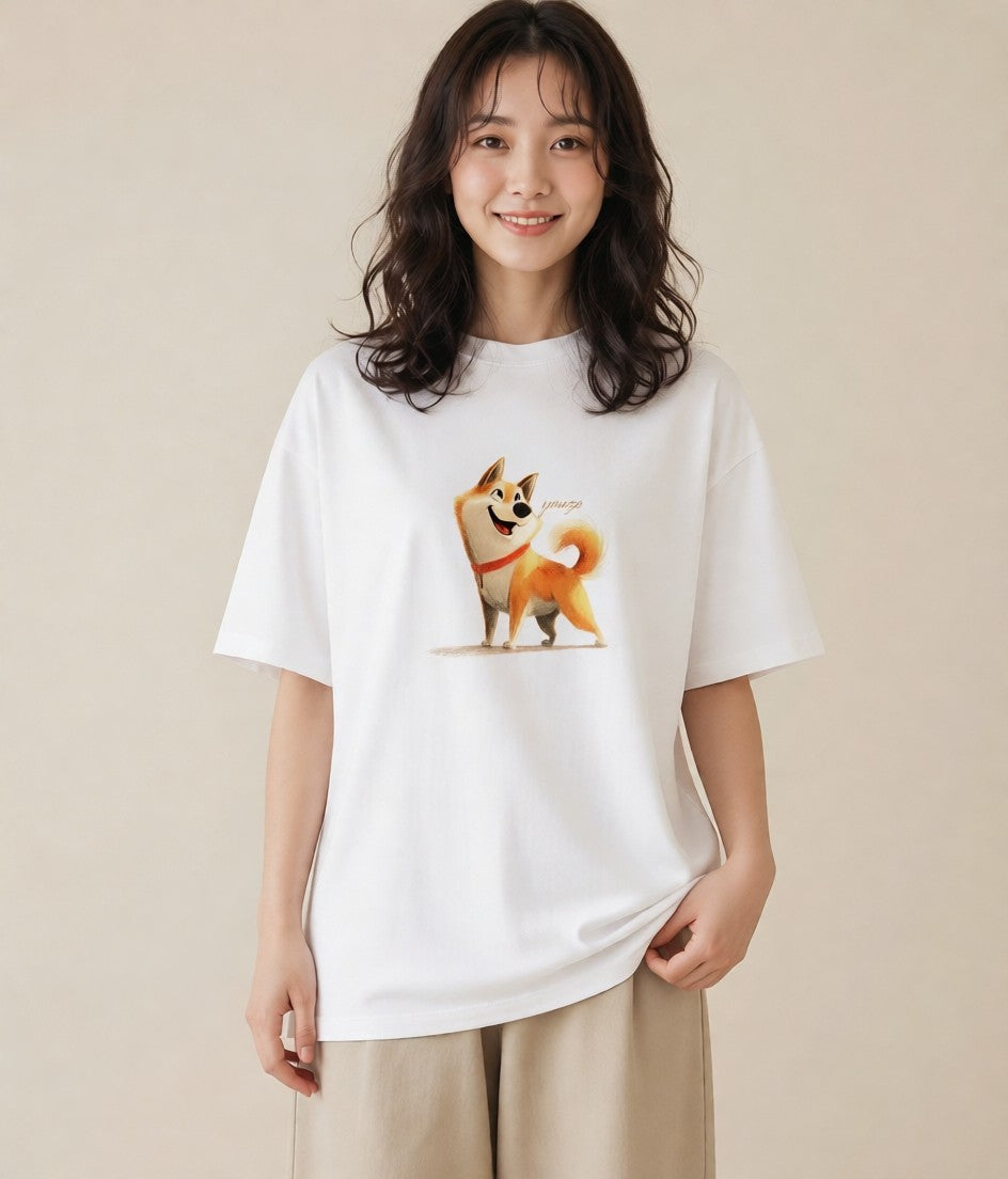 プリントTシャツ レディース 柴犬 しばいぬ 犬 いぬ イラスト ラフカジュアル 自分用 ルームウェア 白T YMAZO