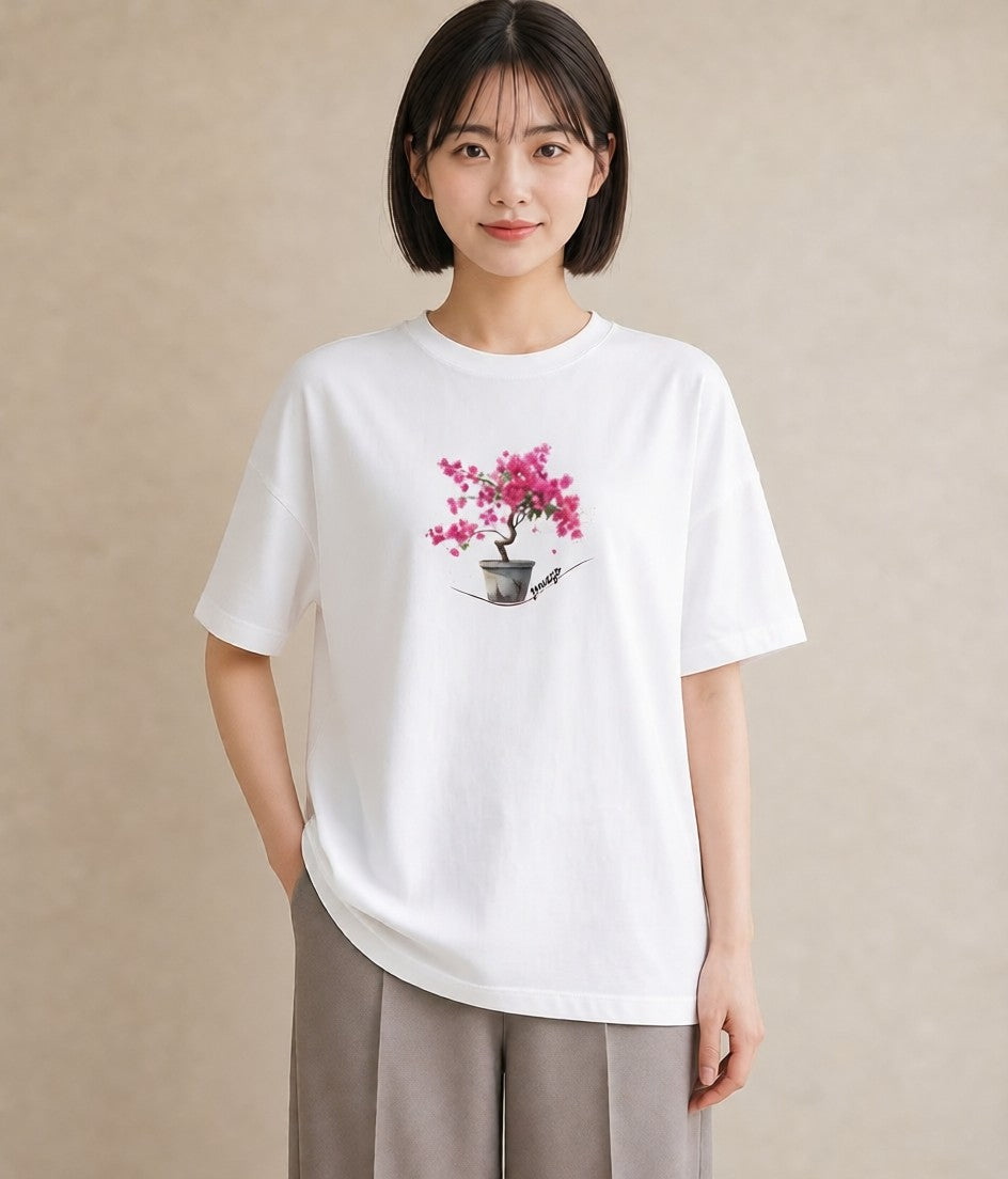 デザインTシャツ レディース 盆栽 植物 ボタニカル イラスト レトロ 普段着 週末コーデ 白T YMAZO