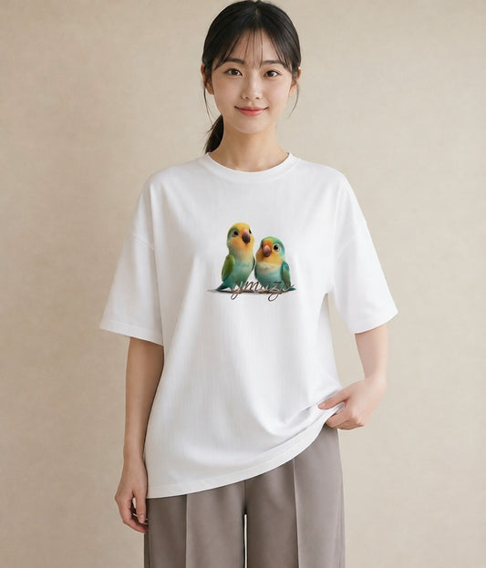 グラフィックTシャツ レディース セキセイインコ ペット 動物 イラスト フェミニン 姉妹 送別ギフト 白T YMAZO