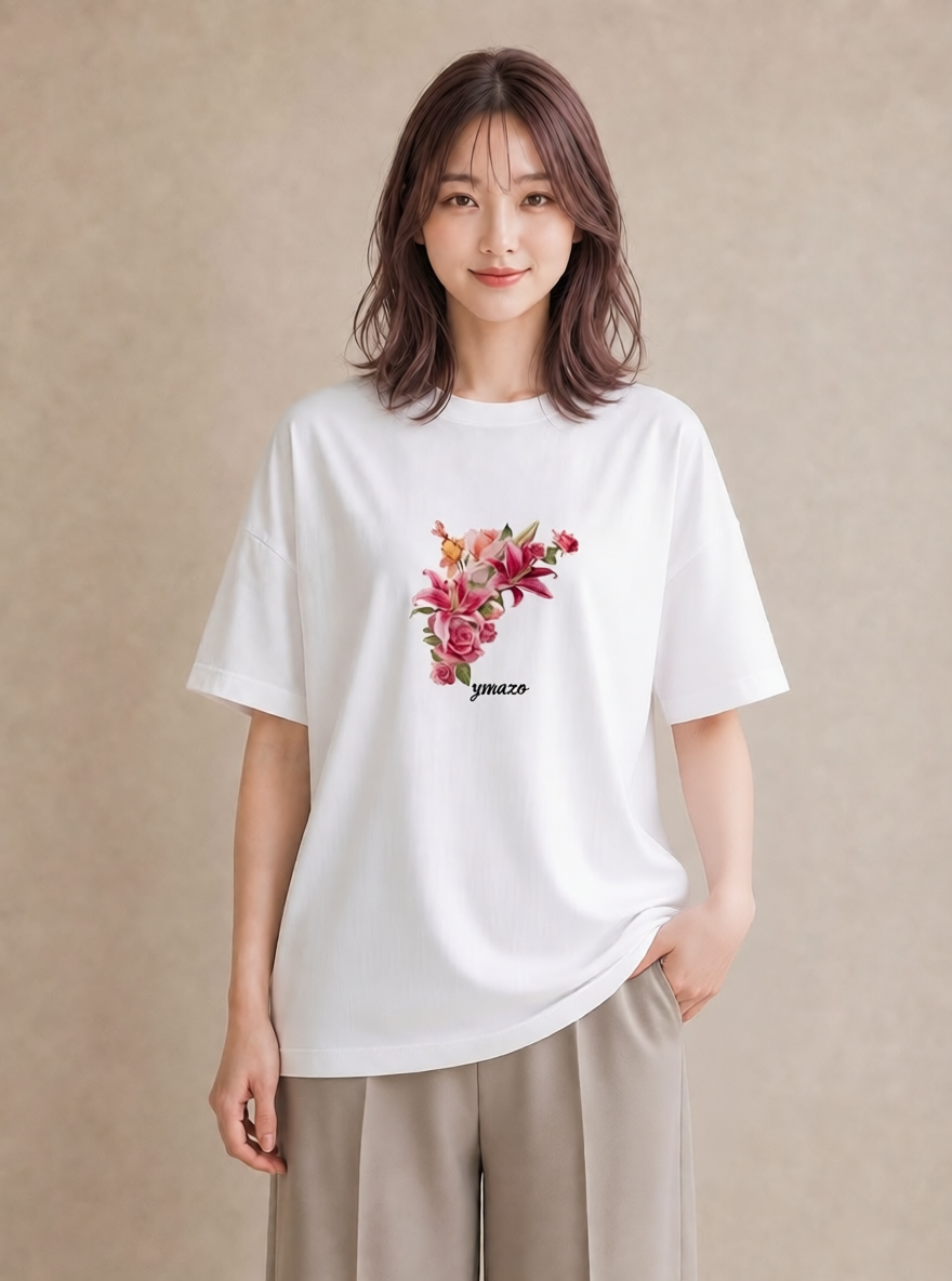 グラフィックTシャツ レディース ゆり 百合 花 花柄 イラスト カジュアル ラフ レイヤード 白T