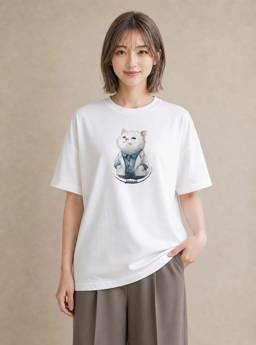 半袖Tシャツ レディース 猫 ねこ イラスト カジュアル 散歩 お出かけ 白T YMAZO