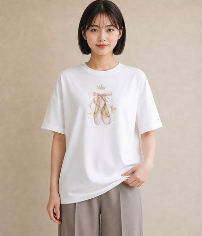 Tシャツ レディース バレエシューズ バレエ トウシューズ ナチュラル アンティーク イラスト ゆるコーデ 通学 誕生日プレゼント 白T YMAZO
