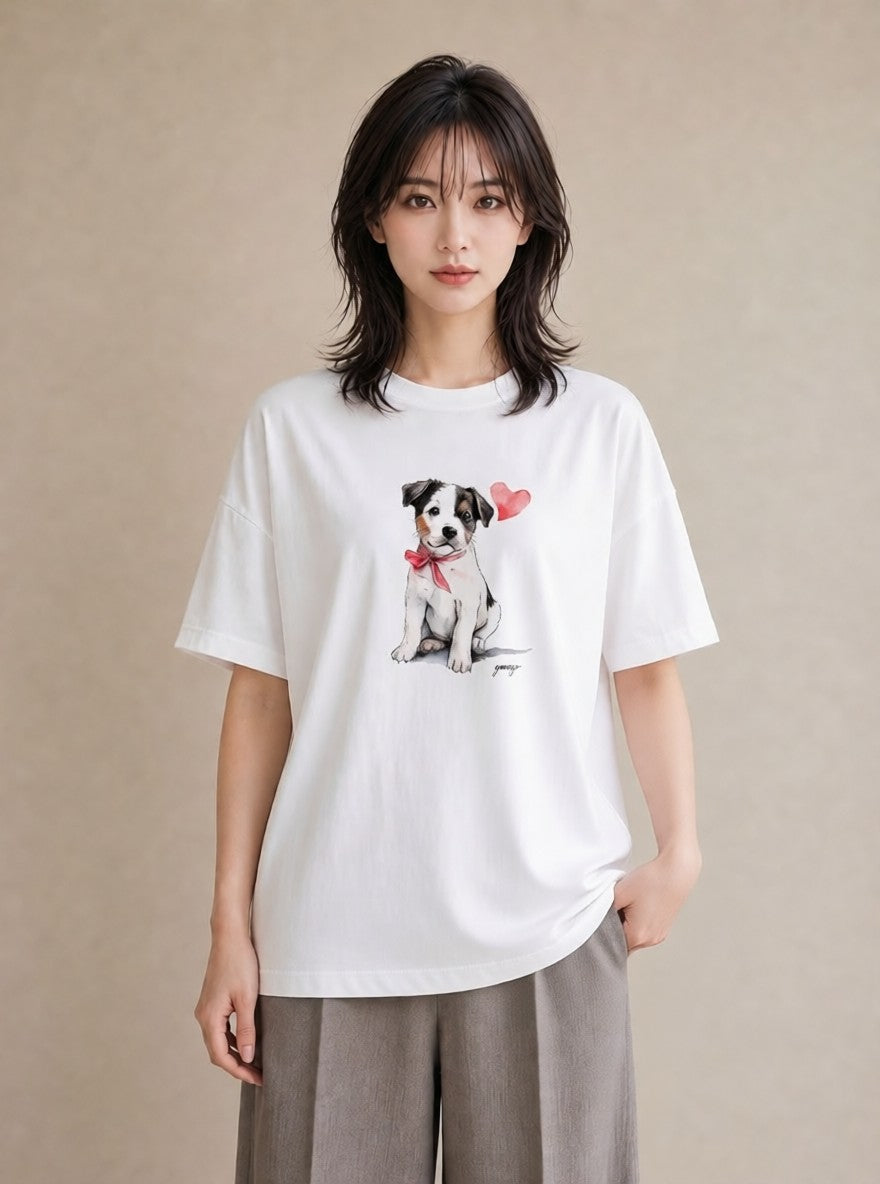 半袖Tシャツ レディース いぬ 犬 ワンコ イラスト シック ルームウェア ギフト 白T YMAZO