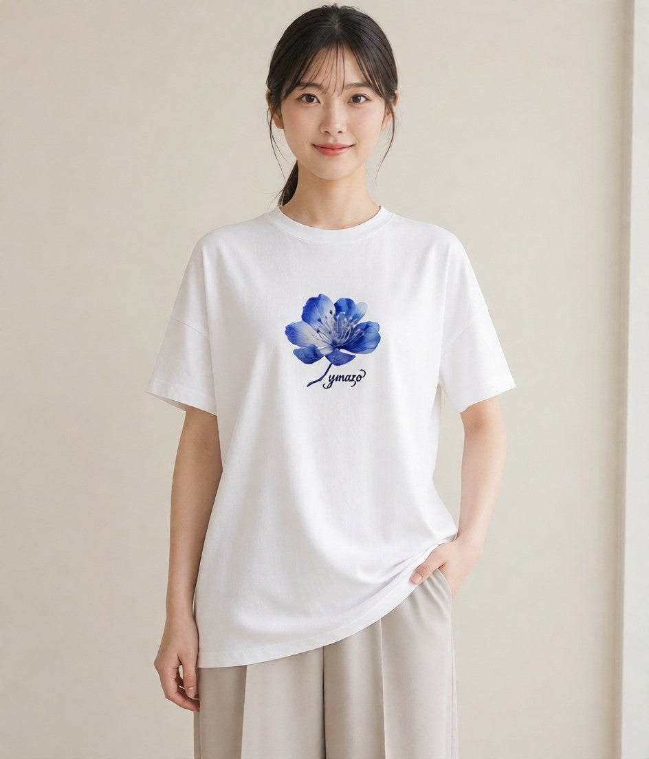 グラフィックTシャツ レディース あさがお 朝顔 花 花柄 イラスト きれいめカジュアル カジュアルコーデ 買い物 白T YMAZO