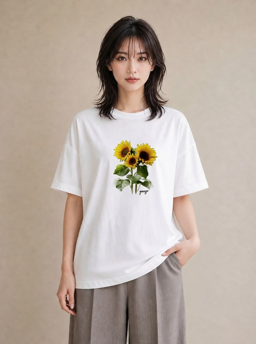 グラフィックTシャツ レディース ひまわり 向日葵 花 花柄 イラスト 手描き風 通学 誕生日プレゼント 白T YMAZO