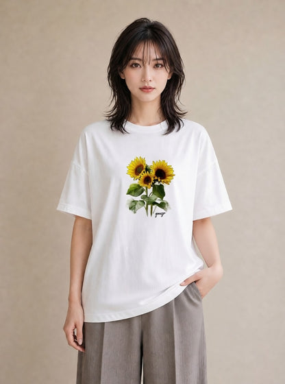 グラフィックTシャツ レディース ひまわり 向日葵 花 花柄 イラスト 手描き風 通学 誕生日プレゼント 白T YMAZO