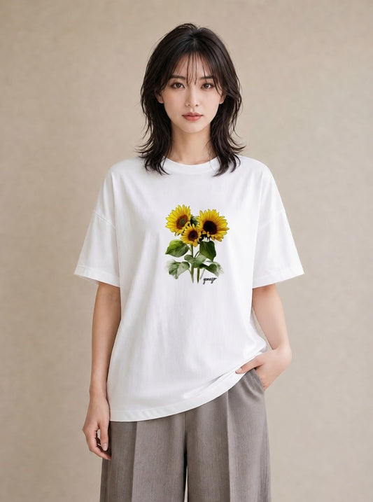 グラフィックTシャツ レディース ひまわり 向日葵 花 花柄 イラスト 手描き風 通学 誕生日プレゼント 白T YMAZO
