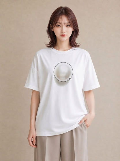 グラフィックTシャツ レディース パールピアス アクセサリー ナチュラル アンティーク イラスト ゆるコーデ 社会人 女性 白T YMAZO