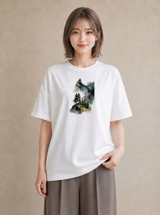 プリントTシャツ レディース 山 星空 宇宙 イラスト ラフ デイリーウェア 休日 白T YMAZO