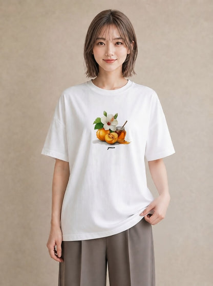 プリントTシャツ レディース はちみつ 食べ物 フード イラスト 線画 夏コーデ 通学 白T YMAZO