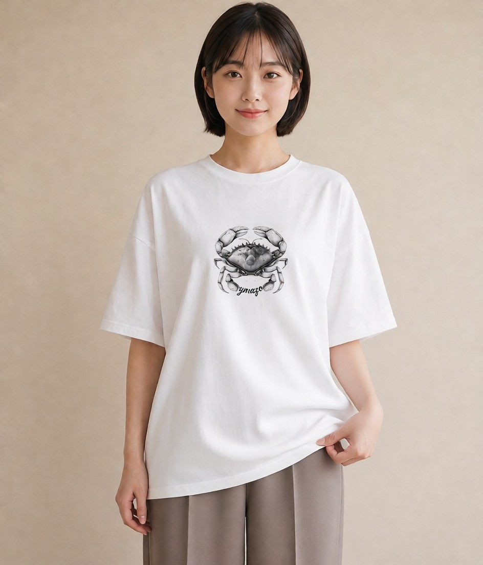 プリントTシャツ レディース カニ 海の生き物 海 イラスト フェミニン 女性 旅行用 白T YMAZO