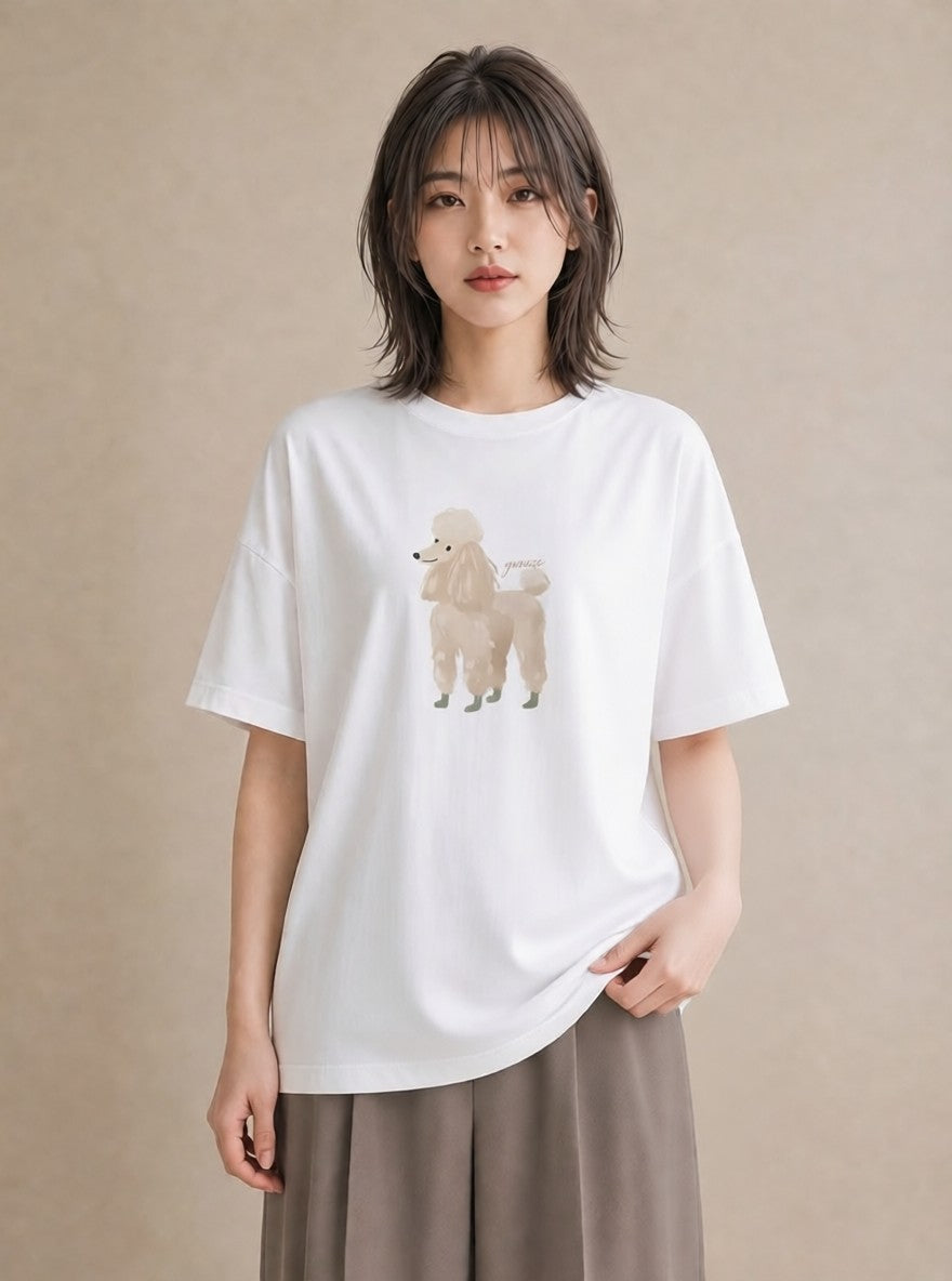 グラフィックTシャツ レディース トイプードル プードル 犬 いぬ イラスト 可愛い 春服 ミセス 白T YMAZO