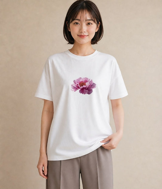 半袖Tシャツ レディース 牡丹 花 花柄 イラスト お洒落 デイリーウェア 休日 白T YMAZO