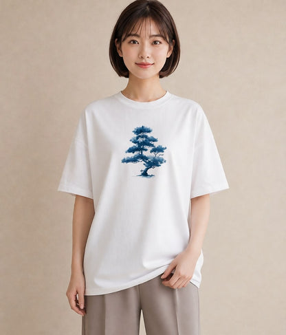 半袖Tシャツ レディース 青の水彩 風景 ブルー ナチュラル アンティーク イラスト ママ カフェ服 白T YMAZO