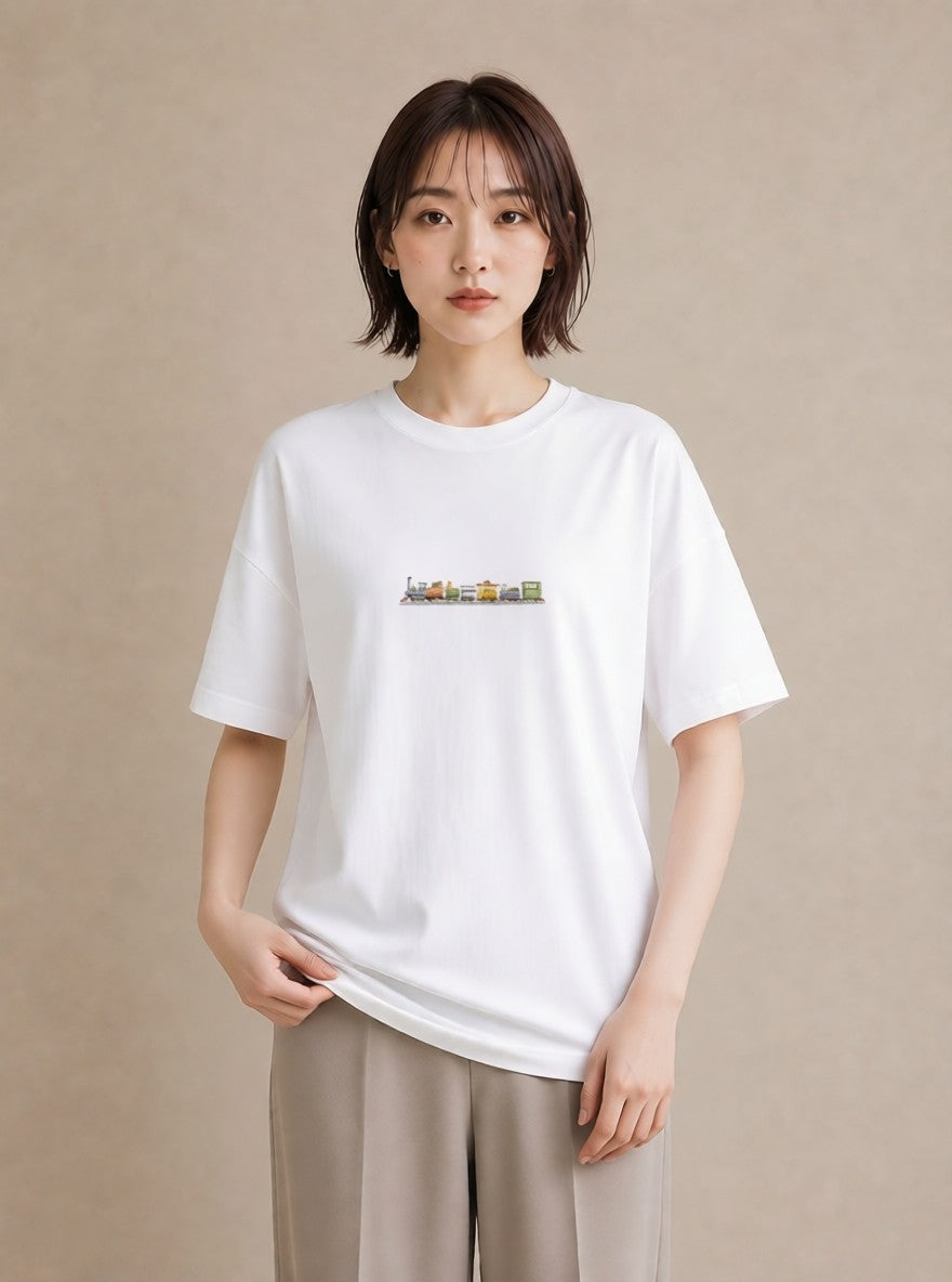 プリントTシャツ レディース 駅のホーム ローカル線 駅 ナチュラル アンティーク イラスト 可愛い ラフ レイヤード 白T YMAZO
