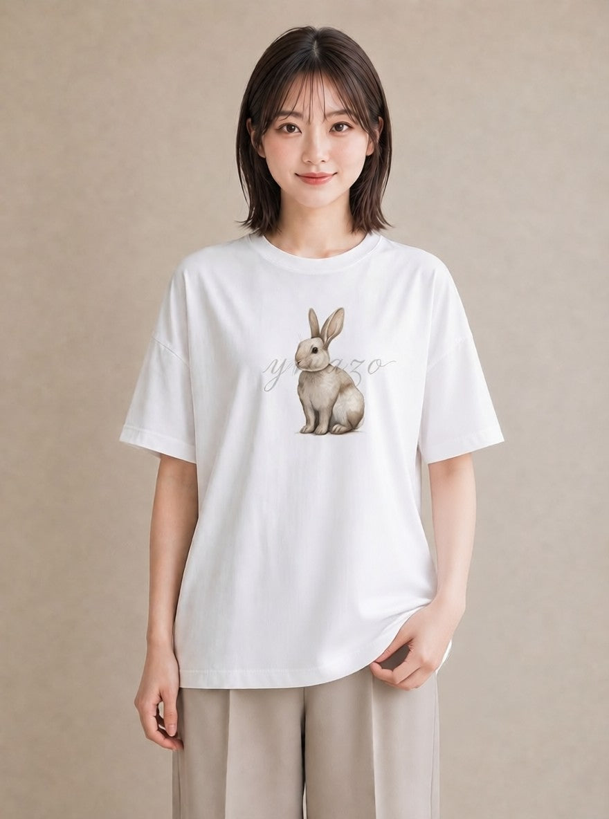 デザインTシャツ レディース ウサギ系野生 動物 アニマル イラスト ナチュラル 誕生日プレゼント 綿100 白T YMAZO