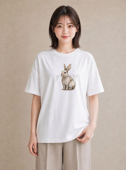 デザインTシャツ レディース ウサギ系野生 動物 アニマル イラスト ナチュラル 誕生日プレゼント 綿100 白T YMAZO