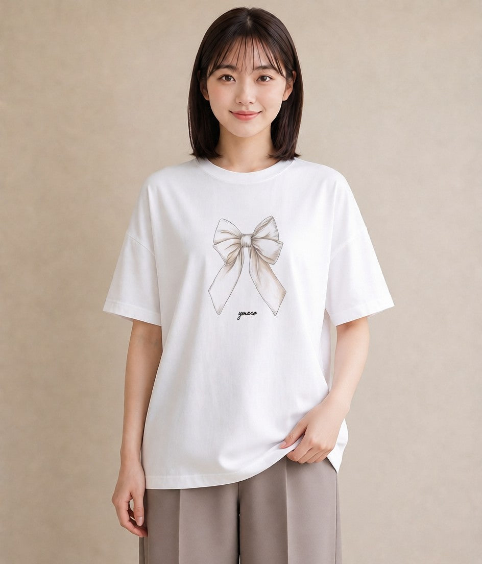 半袖Tシャツ レディース リボン ボウ りぼん イラスト ラフカジュアル 春コーデ 姉妹 白T YMAZO