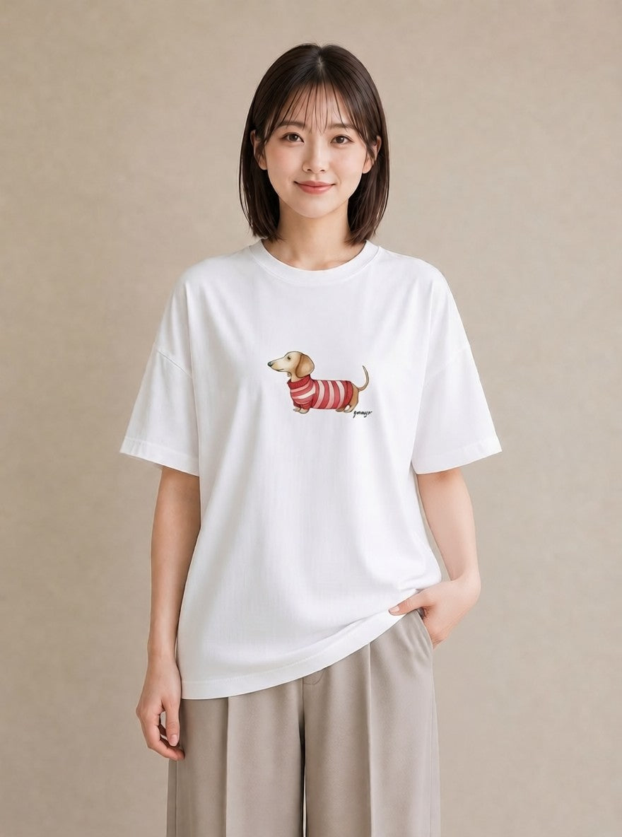 Tシャツ レディース ミニチュアダックスフンド 犬 いぬ イラスト ミニマル 姉妹 送別ギフト 白T YMAZO
