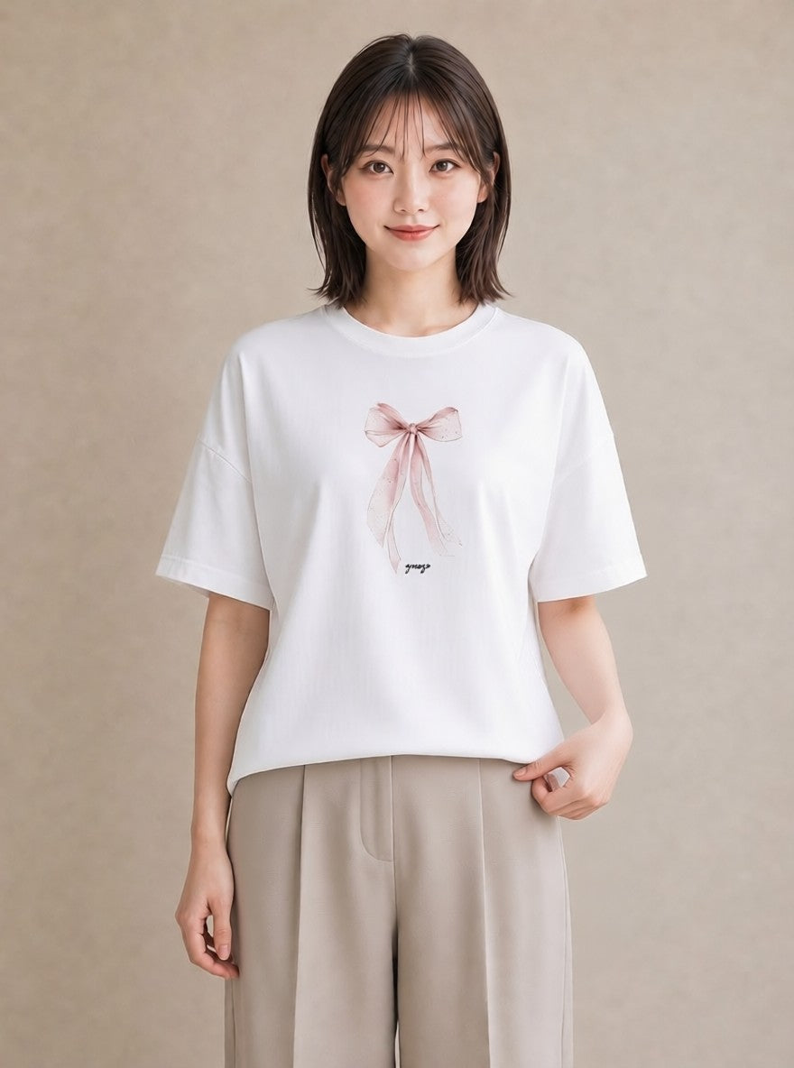 Tシャツ レディース リボン 蝶結び ナチュラル アンティーク イラスト ゆるコーデ 送別ギフト 通勤 白T YMAZO