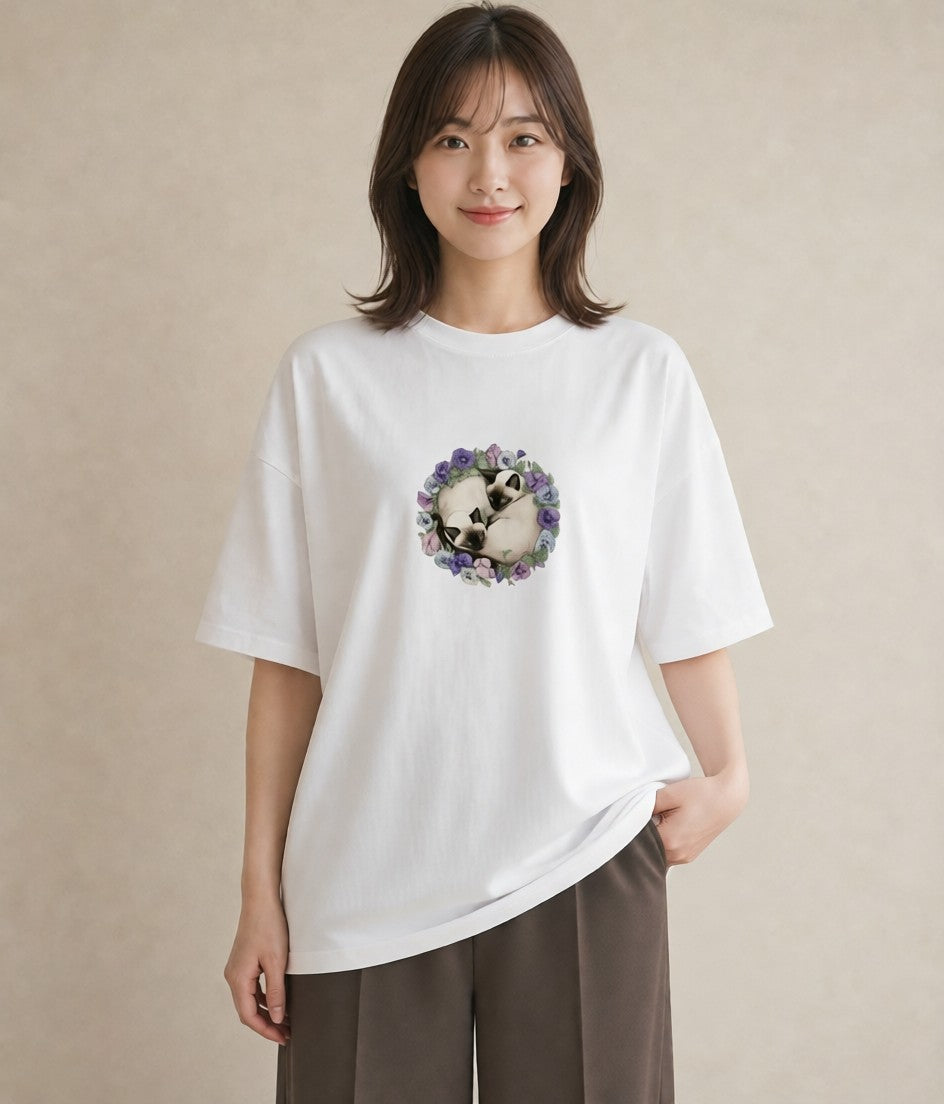 Tシャツ レディース シャム柄 猫 ねこ イラスト ユニーク 女子会 お揃い 白T YMAZO