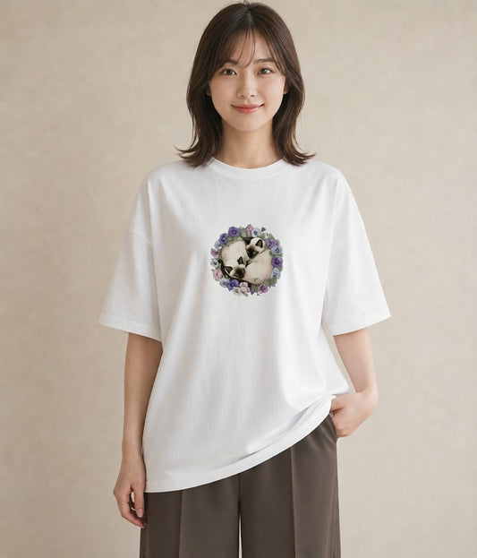 Tシャツ レディース シャム柄 猫 ねこ イラスト ユニーク 女子会 お揃い 白T YMAZO
