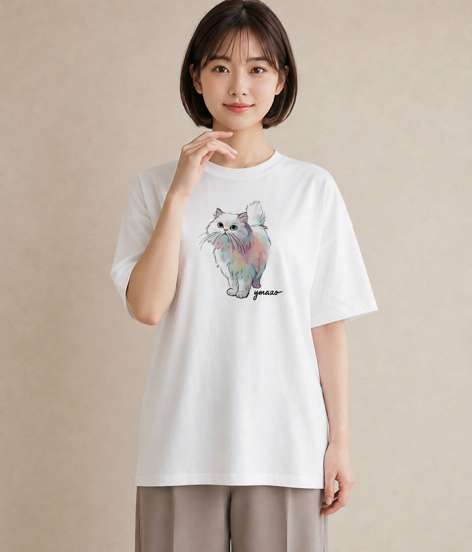Tシャツ レディース おすわり猫 猫 ねこ イラスト モード ママ カフェ服 白T YMAZO