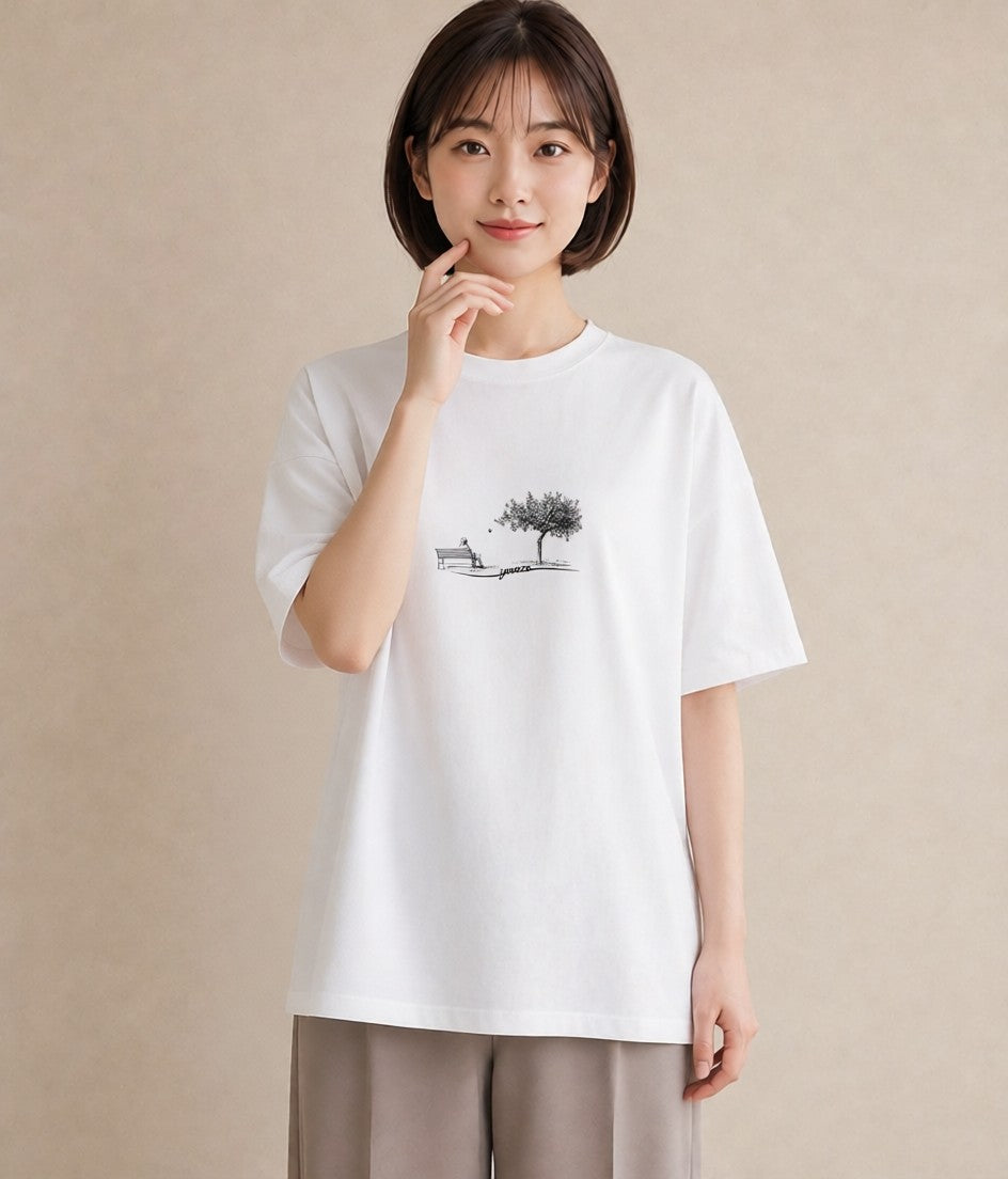 グラフィックTシャツ レディース 雨上がりのベンチ ベンチ ナチュラル アンティーク イラスト こなれ感 部屋着 女性向けギフト 白T YMAZO