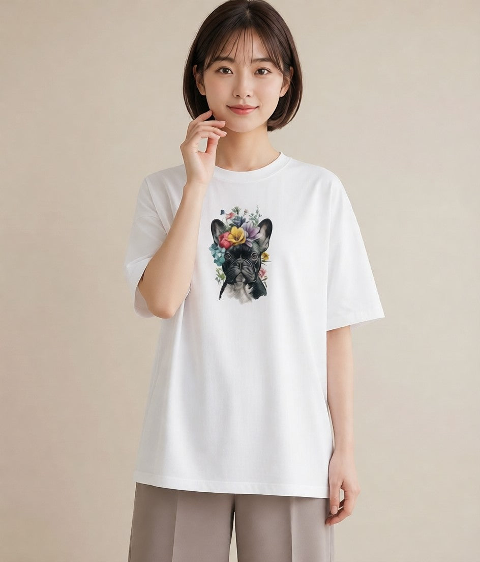 デザインTシャツ レディース フレンチブルドッグ フレブル 犬 いぬ イラスト カフェ服 クリスマス 白T YMAZO