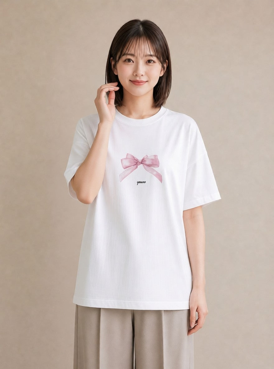 プリントTシャツ レディース リボン 蝶結び ナチュラル アンティーク イラスト 可愛い 在宅 公園 白T YMAZO