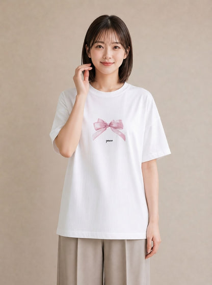 プリントTシャツ レディース リボン 蝶結び ナチュラル アンティーク イラスト 可愛い 在宅 公園 白T YMAZO