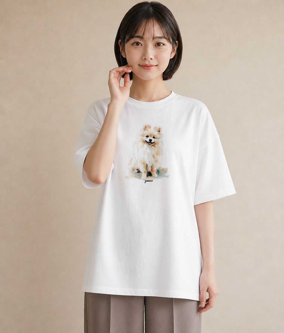 デザインTシャツ レディース ポメラニアン ポメ 犬 いぬ イラスト 韓国風 デイリーウェア 休日 白T YMAZO