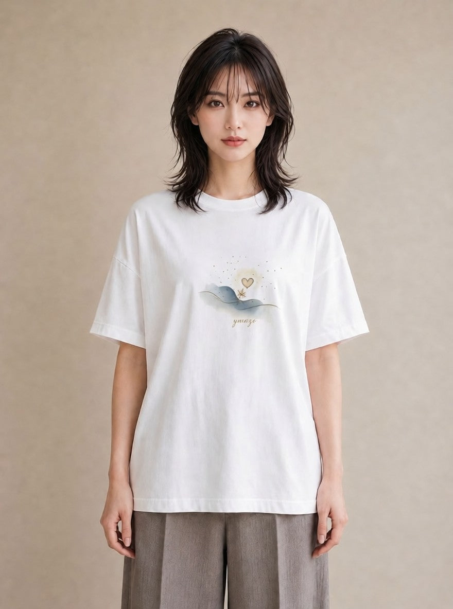 デザインTシャツ レディース 雪 星空 宇宙 イラスト 水彩風 帰省 ラフ 白T YMAZO