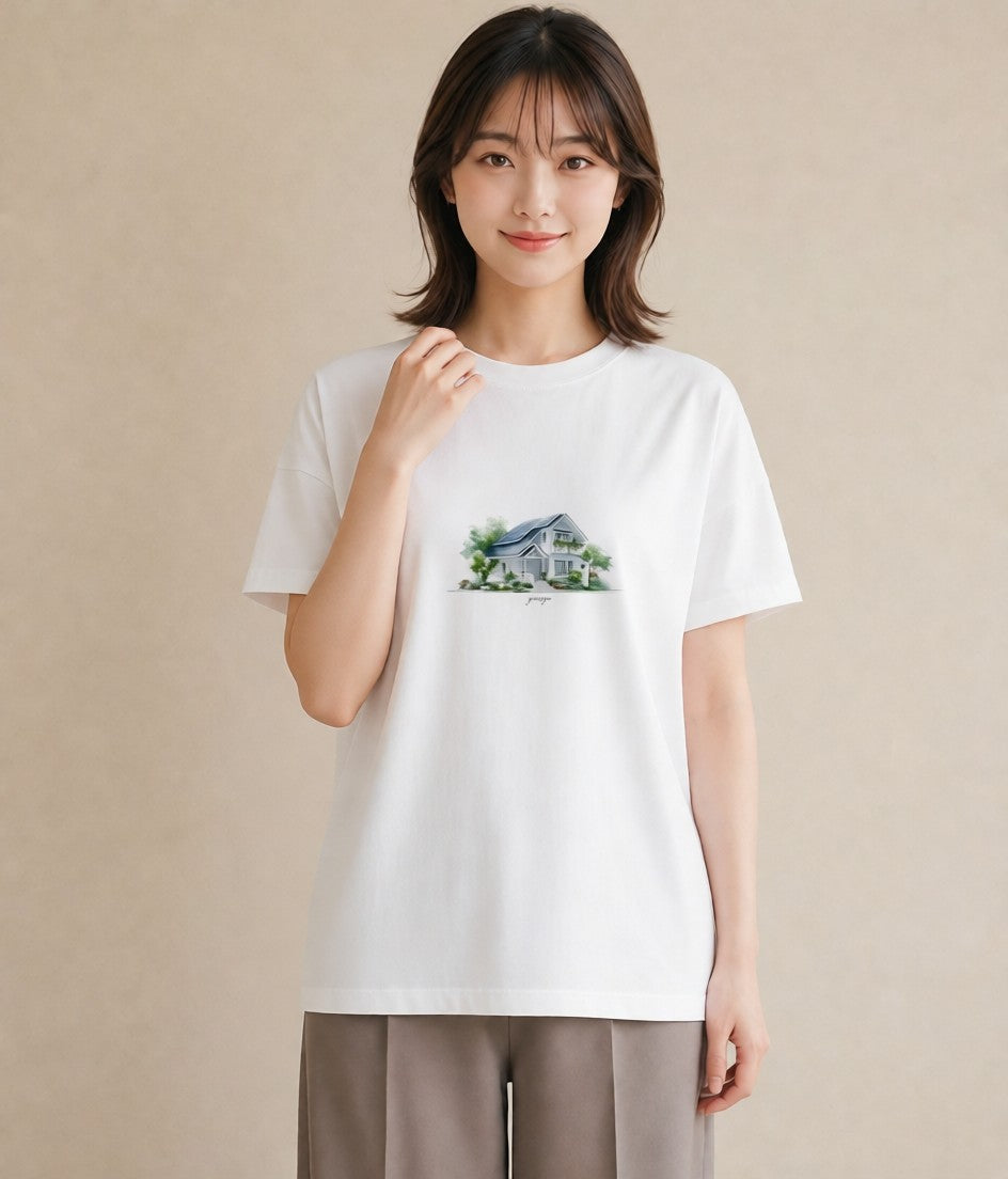 グラフィックTシャツ レディース 灯りの家 小屋 夜 ナチュラル アンティーク イラスト きれいめ ギフト 母の日 白T YMAZO