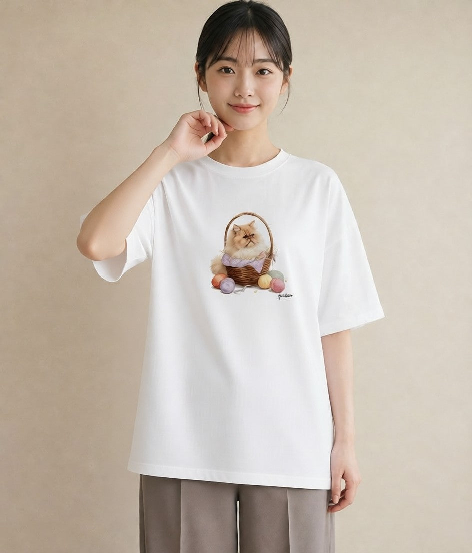 デザインTシャツ レディース ペルシャ 猫 ねこ イラスト 個性的 送別ギフト 通勤 白T YMAZO