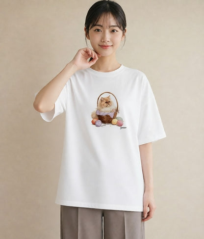 デザインTシャツ レディース ペルシャ 猫 ねこ イラスト 個性的 送別ギフト 通勤 白T YMAZO