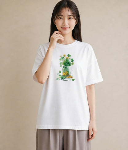 グラフィックTシャツ レディース クローバー 四つ葉 花 花柄 イラスト 旅行コーデ カフェ服 クリスマス 白T YMAZO