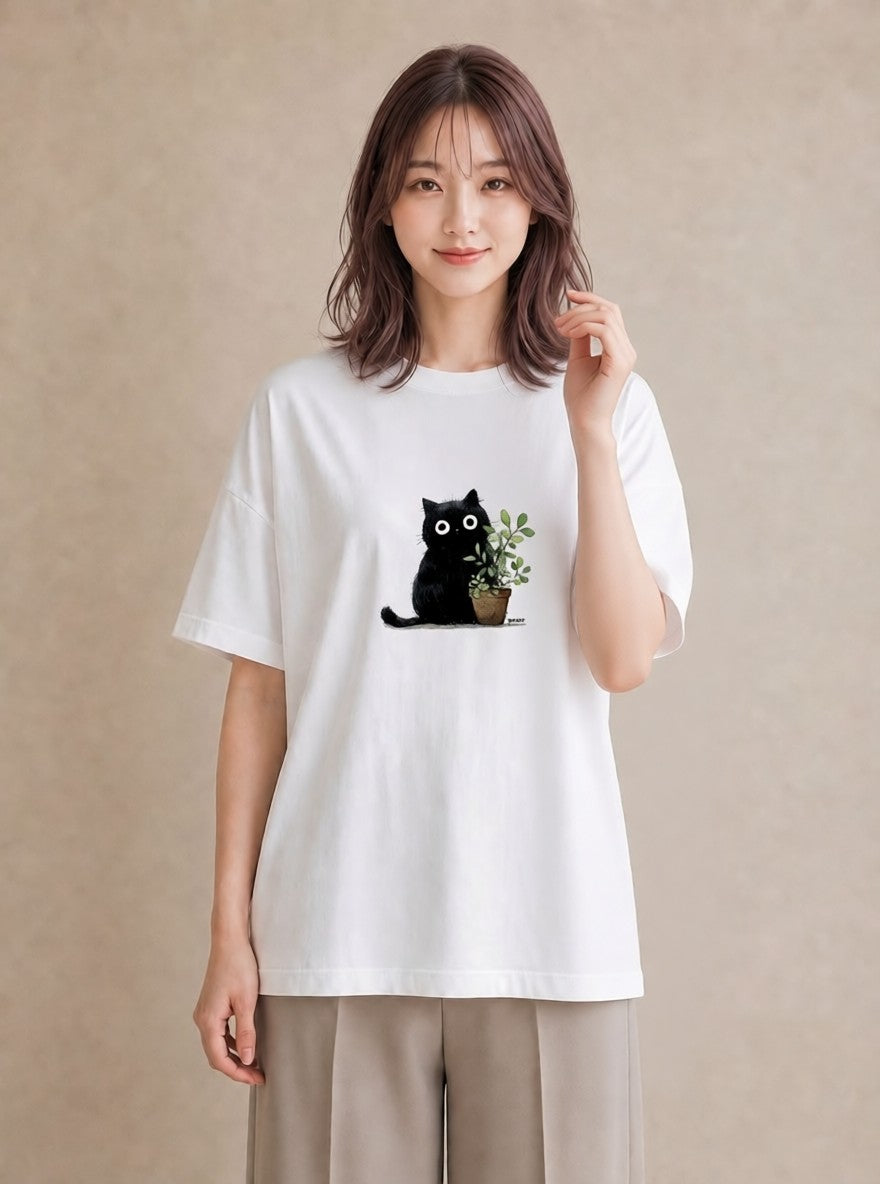 半袖Tシャツ レディース 黒猫 猫 ねこ イラスト 韓国風 普段着 週末コーデ 白T YMAZO