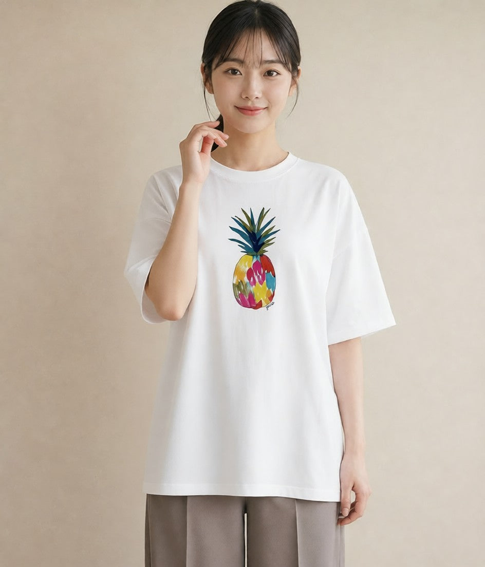 プリントTシャツ レディース パイナップル 食べ物 フード イラスト フェミニン 春服 ミセス 白T YMAZO