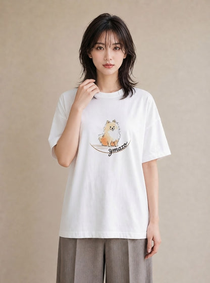 デザインTシャツ レディース ポメラニアン ポメ 犬 いぬ イラスト ミニマル 20代 カジュアルコーデ 白T YMAZO