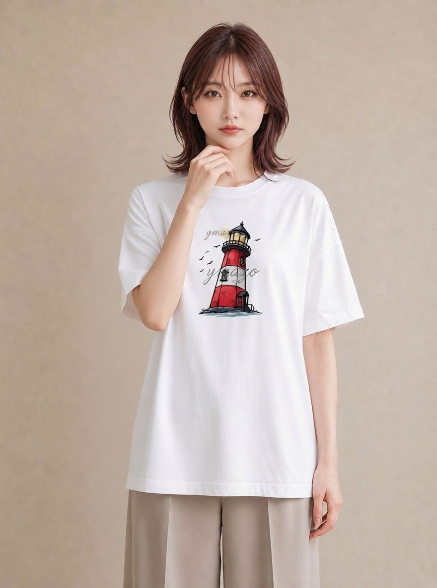 デザインTシャツ レディース 灯台 霧 海 ナチュラル アンティーク イラスト 手描き風 ホワイトデー 春服 白T YMAZO