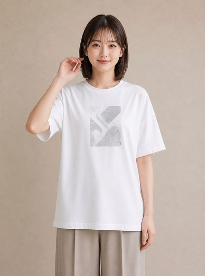 デザインTシャツ レディース 幾何学 ミニマル ジオメトリック イラスト ラフカジュアル 週末コーデ 敬老の日 白T YMAZO