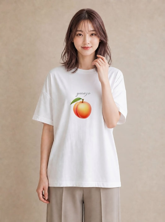 半袖Tシャツ レディース もも 食べ物 フード イラスト 旅行コーデ 休日 ペアコーデ 白T YMAZO