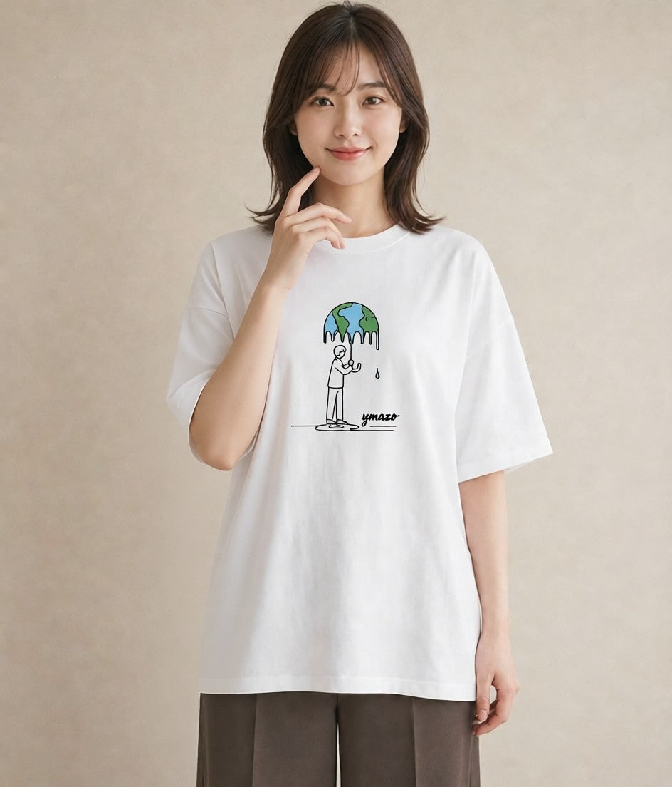 半袖Tシャツ レディース 窓辺の雨 雨の日 窓 ナチュラル アンティーク イラスト ポップ 在宅 公園 白T YMAZO