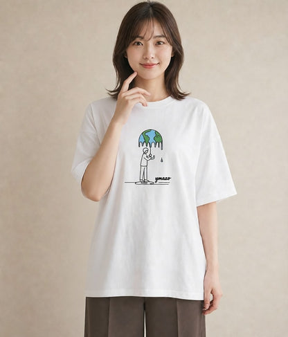 半袖Tシャツ レディース 窓辺の雨 雨の日 窓 ナチュラル アンティーク イラスト ポップ 在宅 公園 白T YMAZO